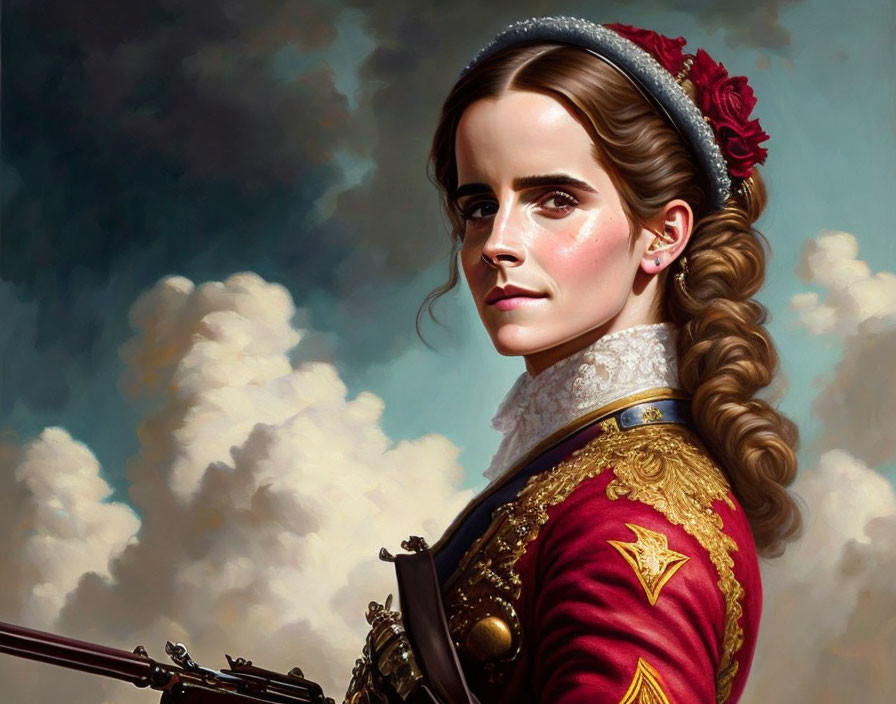 Digital portrait of woman with intricate braid in red military-style jacket against cloudy sky