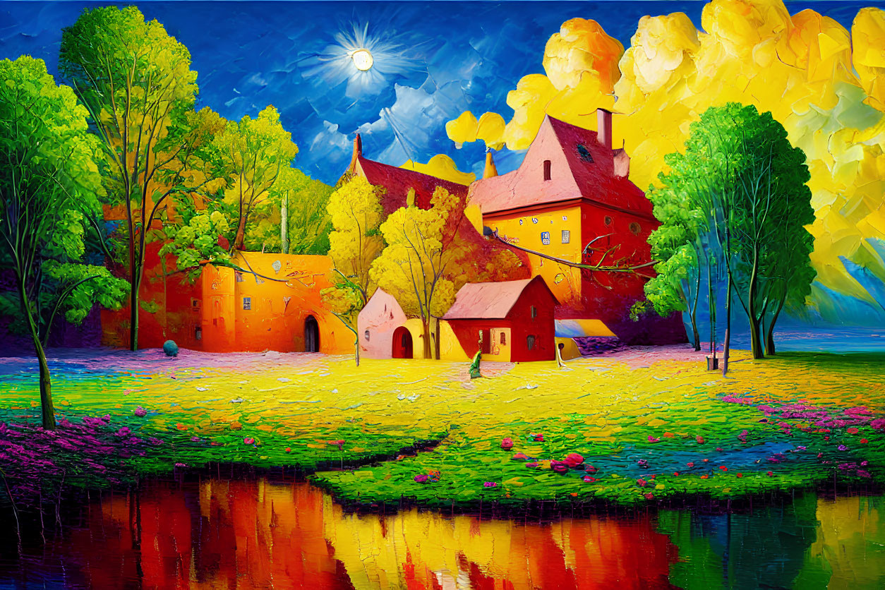 Colorful Landscape with Village, Trees, River, Sun, and Sky