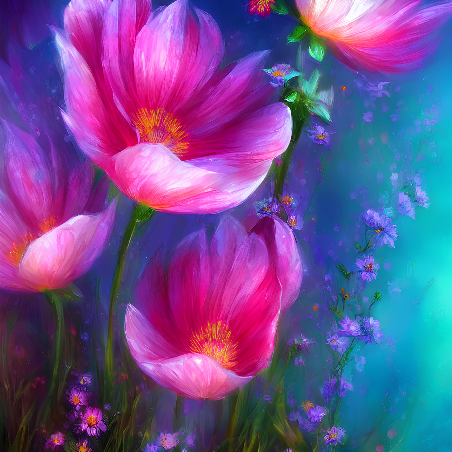 Colorful digital artwork: Pink cosmos flowers with insects on petals