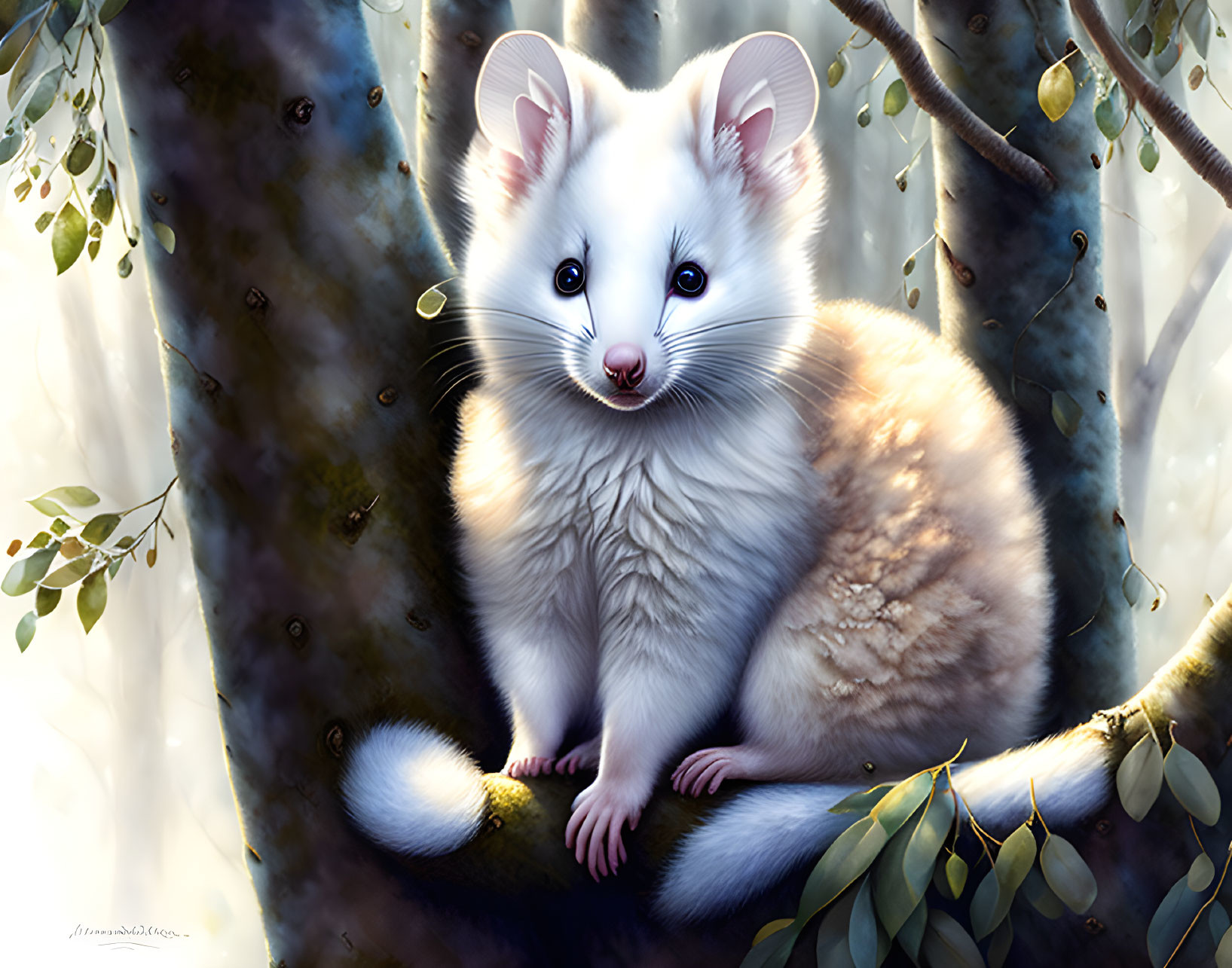 White Possum with Bright Blue Eyes on Tree Branch in Forest Scene