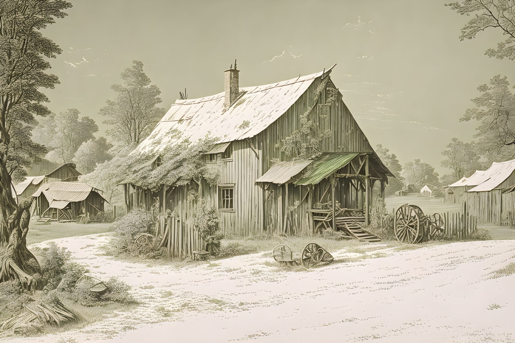 Snow-covered rural scene with wooden cabin and bare trees.