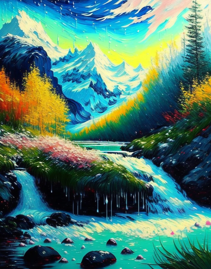 Colorful mountain landscape with snowy peaks, waterfall, trees, and starry sky