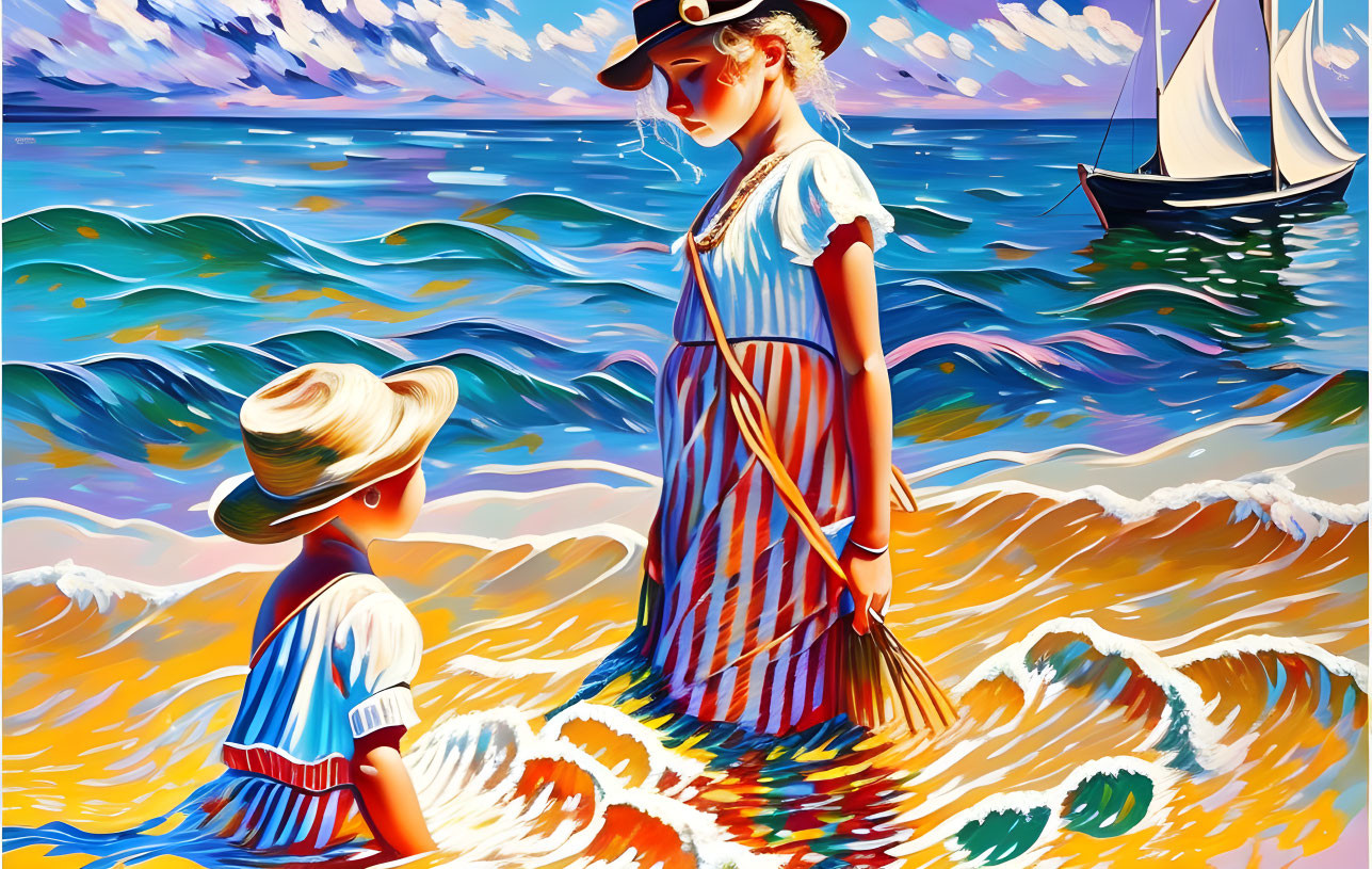 Children in vintage sailor outfits on vibrant beach with sailing boats