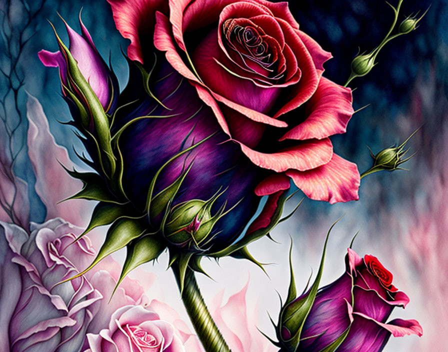 Colorful rose artwork with gradient hues on dark background