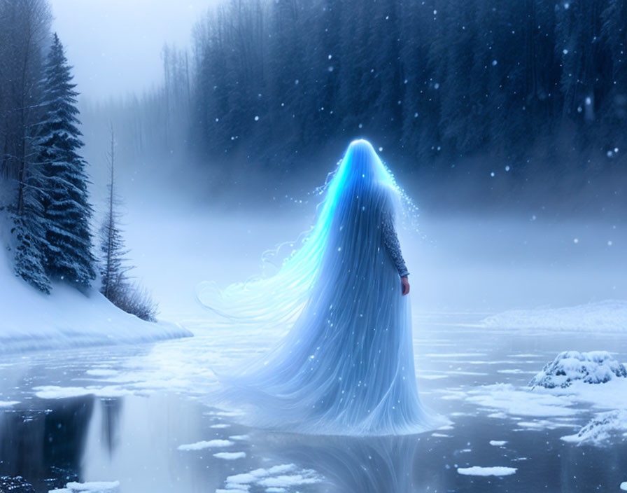 Mysterious figure in glowing cape on frozen river in snowy forest