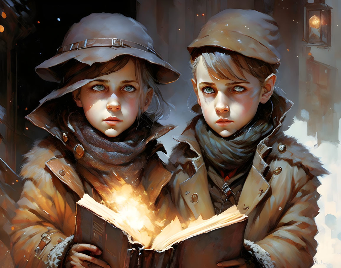 Children in winter coats reading glowing book in snowy night scene