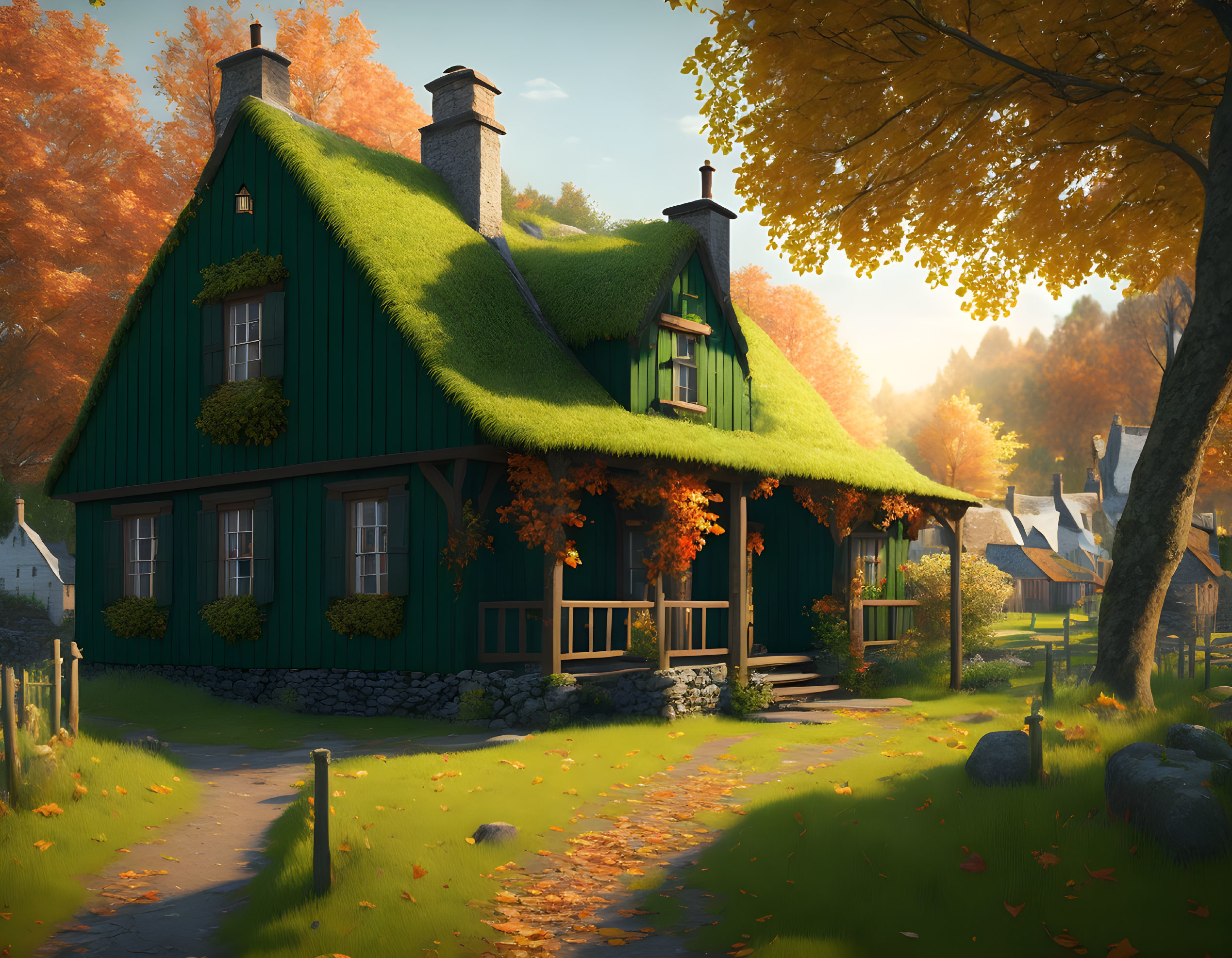 Tranquil autumn scene: charming cottage with lush green roof and warm sunlight.