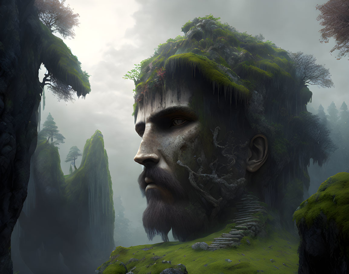 Mystical landscape featuring giant moss-covered face in foggy forest