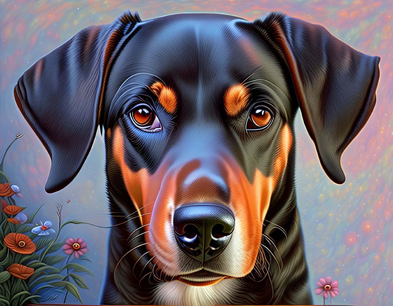 Digital painting of black and tan dog with soulful eyes among flowers