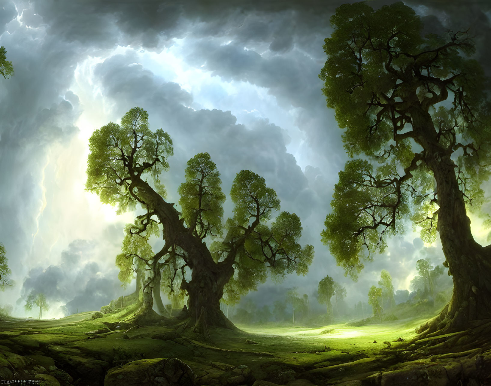 Ancient trees in mystical forest under dramatic sky