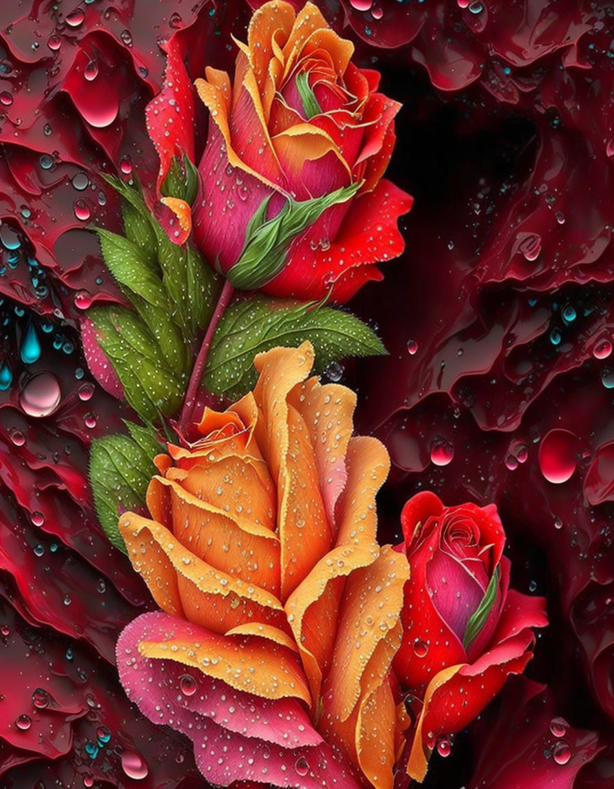 Digital image of three red-orange roses with water droplets on dark red background