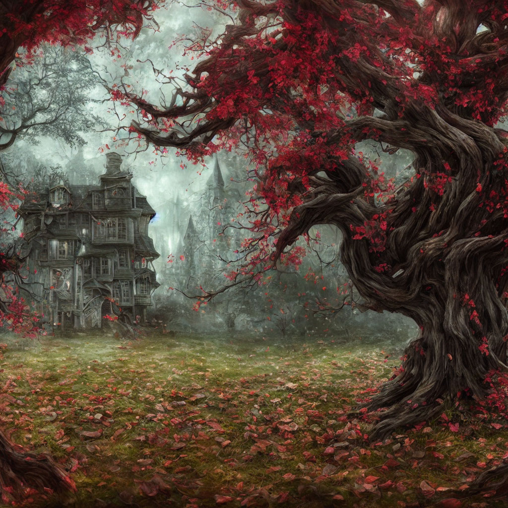 Eerie mansion in foggy, red-leafed forest