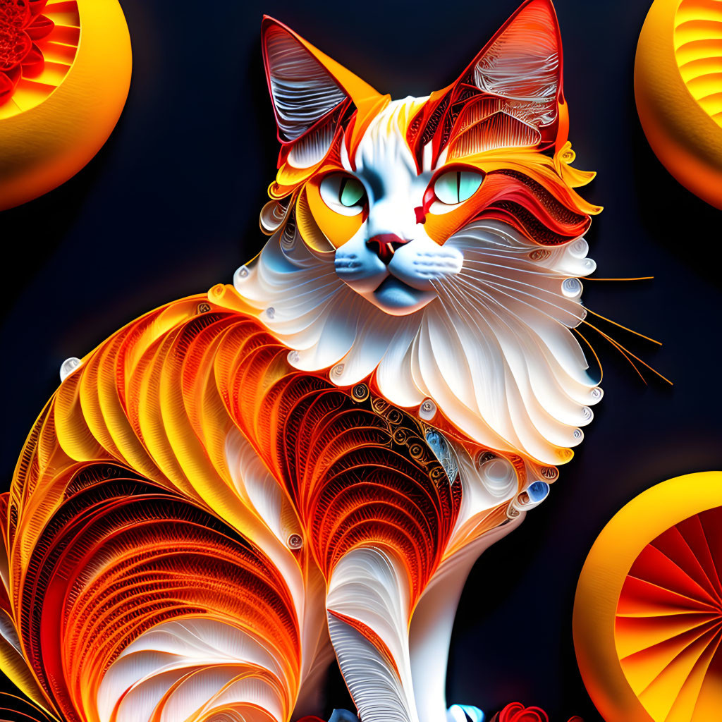 Colorful digital artwork of stylized cat with intricate patterns on dark background