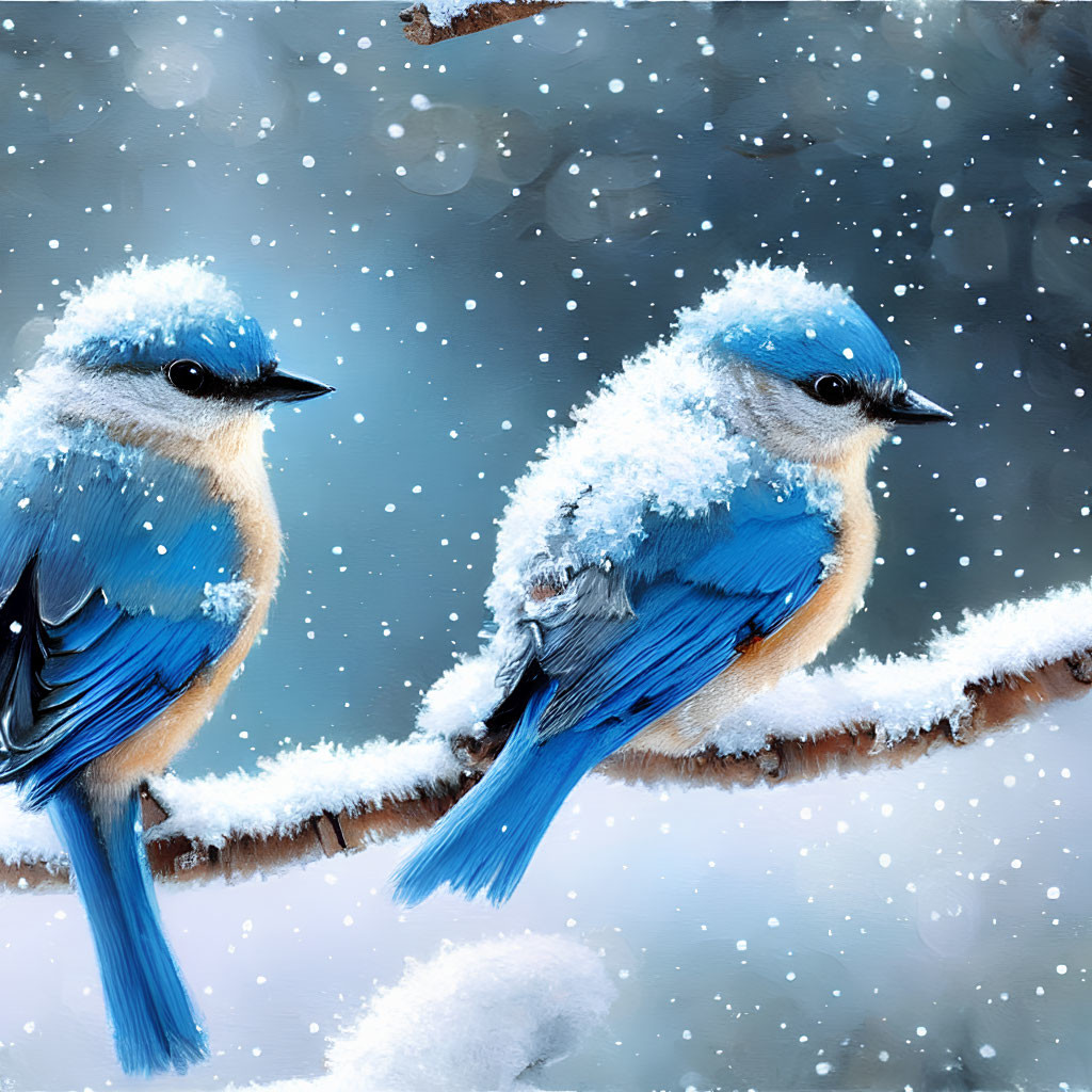 Two Blue Jays Perched on Snowy Branch with Falling Snowflakes