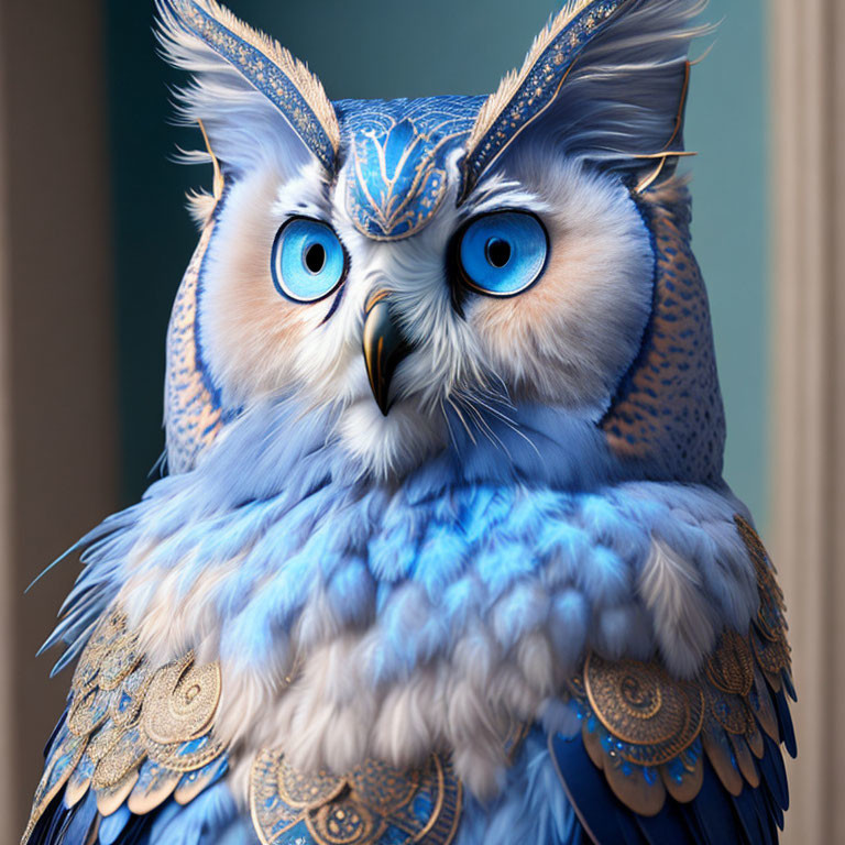 Detailed Owl Illustration with Blue and Gold Feathers and Bright Blue Eyes