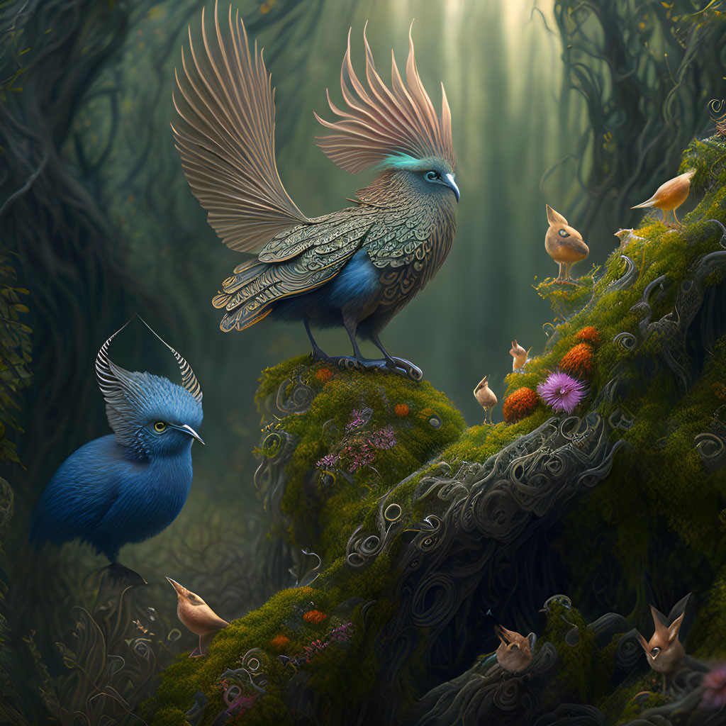 Vibrant blue birds in mystical forest setting