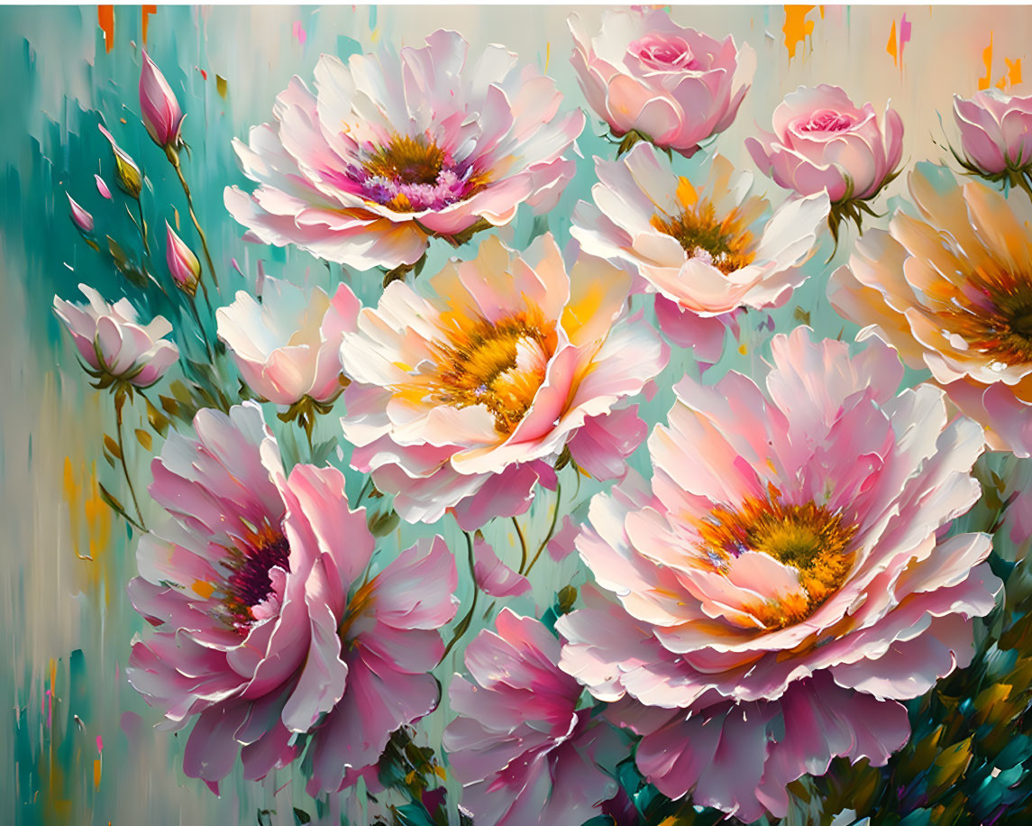 Impressionistic oil painting of pink and white blooms