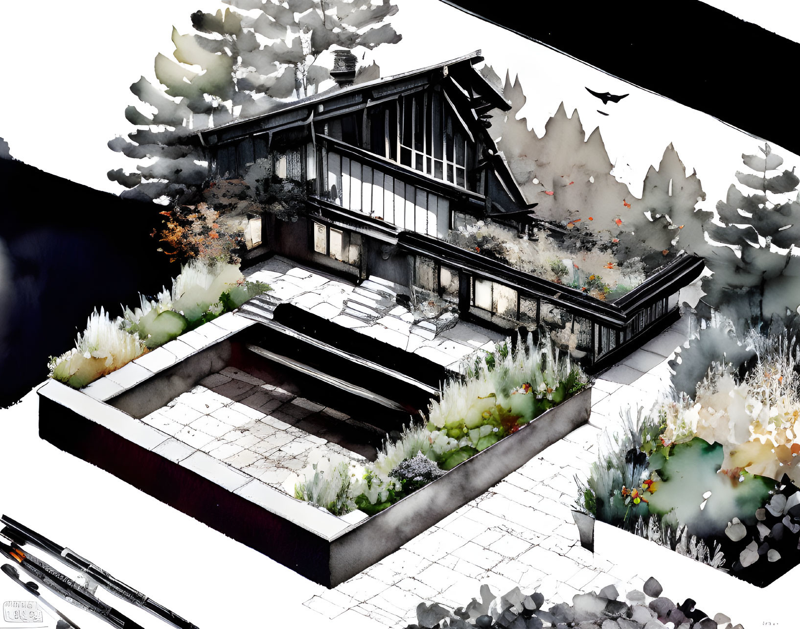 Isometric Traditional Japanese House with Garden and Koi Pond