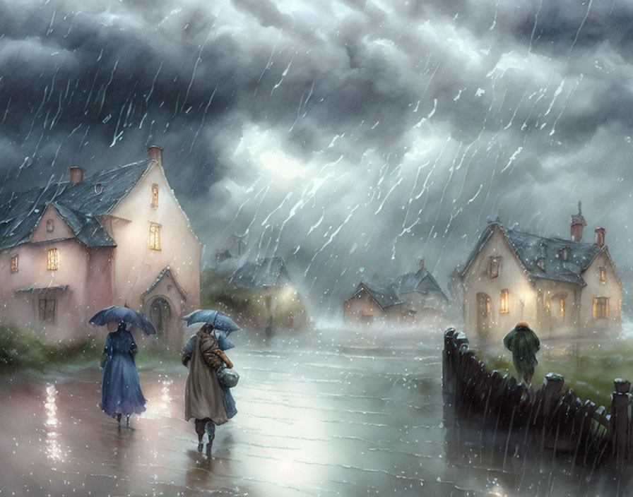 Rainy Village Scene with People Carrying Umbrellas on Wet Cobblestones