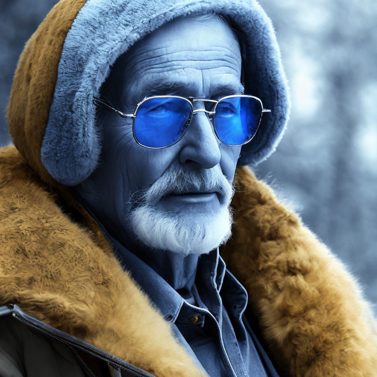 Elderly man with beard in fur-lined coat and blue-tinted glasses