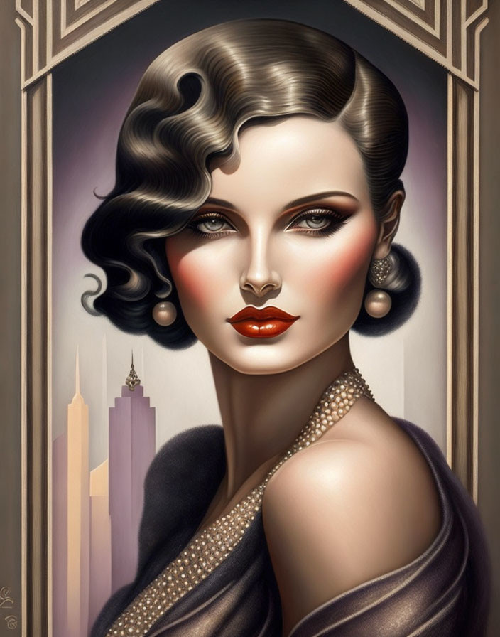 Glamorous woman with 1930s style in Art Deco setting