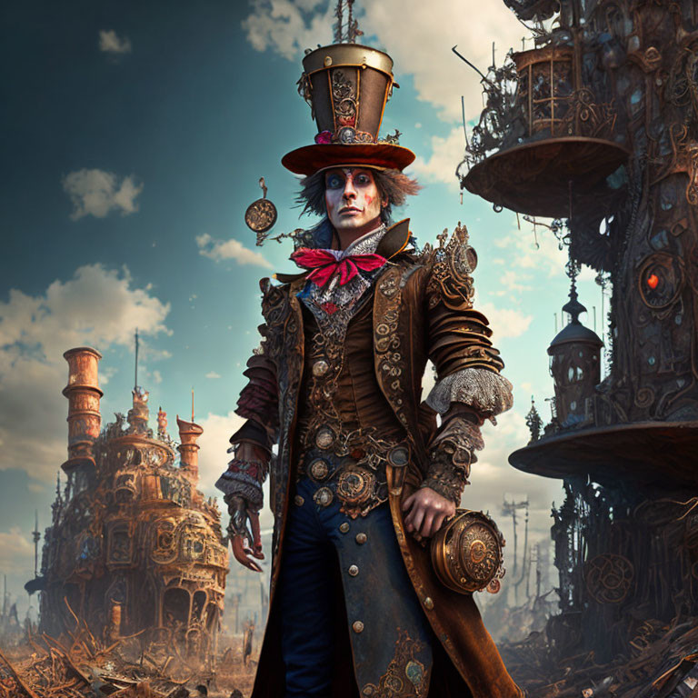 Elaborate steampunk outfit with top hat in front of mechanical backdrop