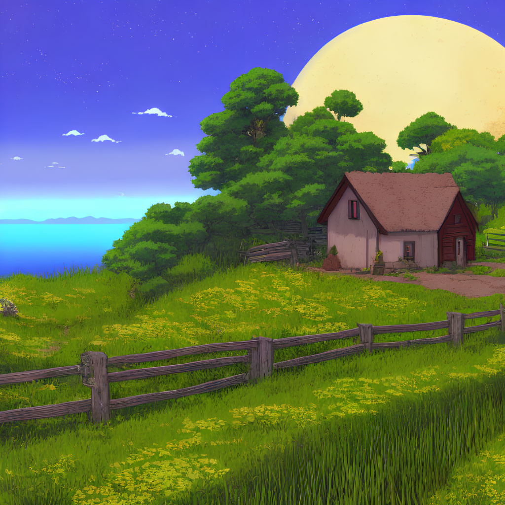 Quaint house by the sea under starry sky with full moon & lush meadow.