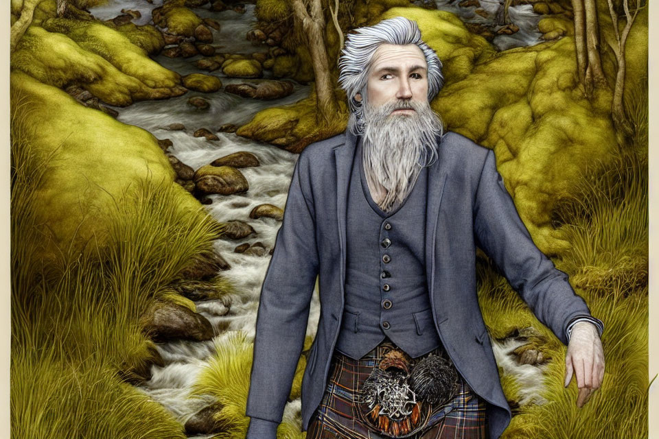 Elderly man in Scottish attire by stream wearing kilt & waistcoat