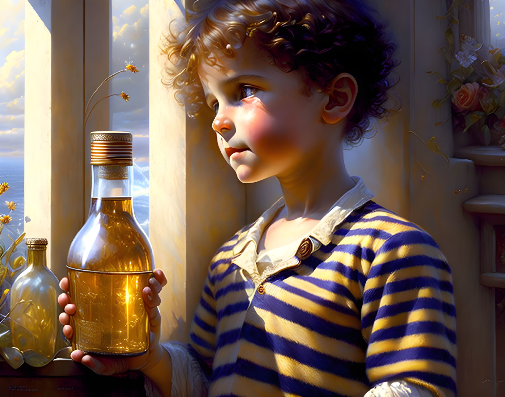 Child in striped shirt captivated by glowing bottle near window with light, flowers, and butterflies.