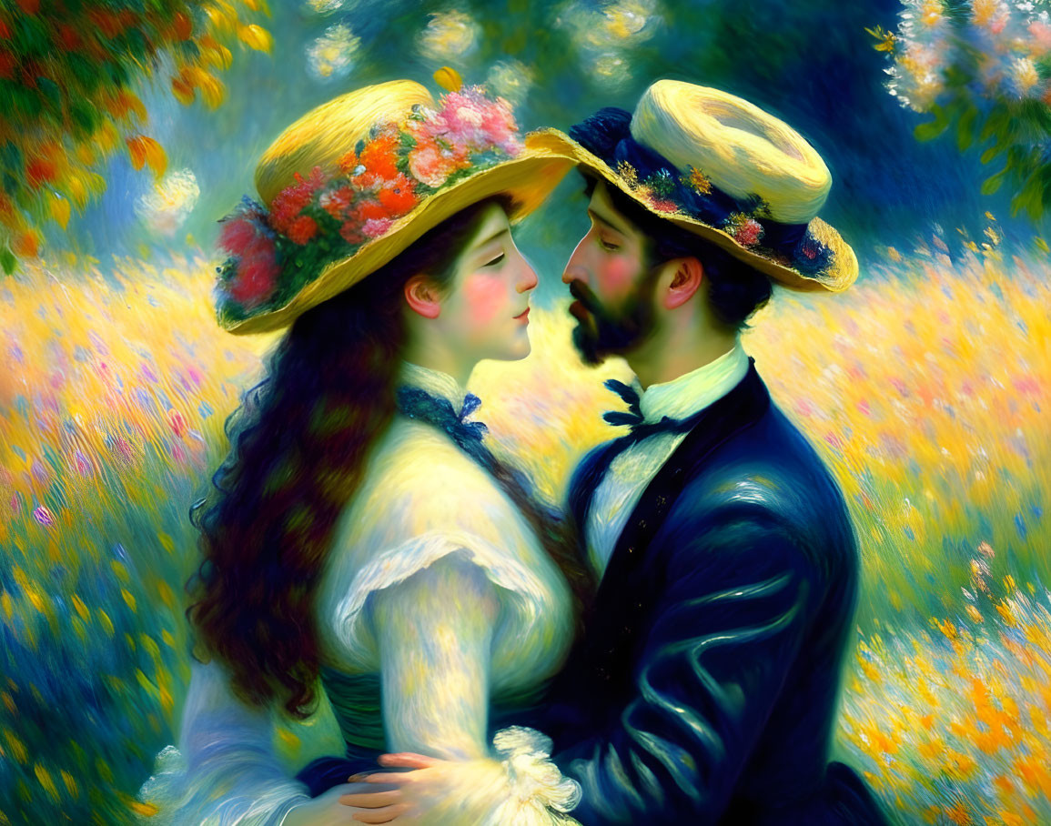 Romantic couple in vintage attire surrounded by impressionistic flower field