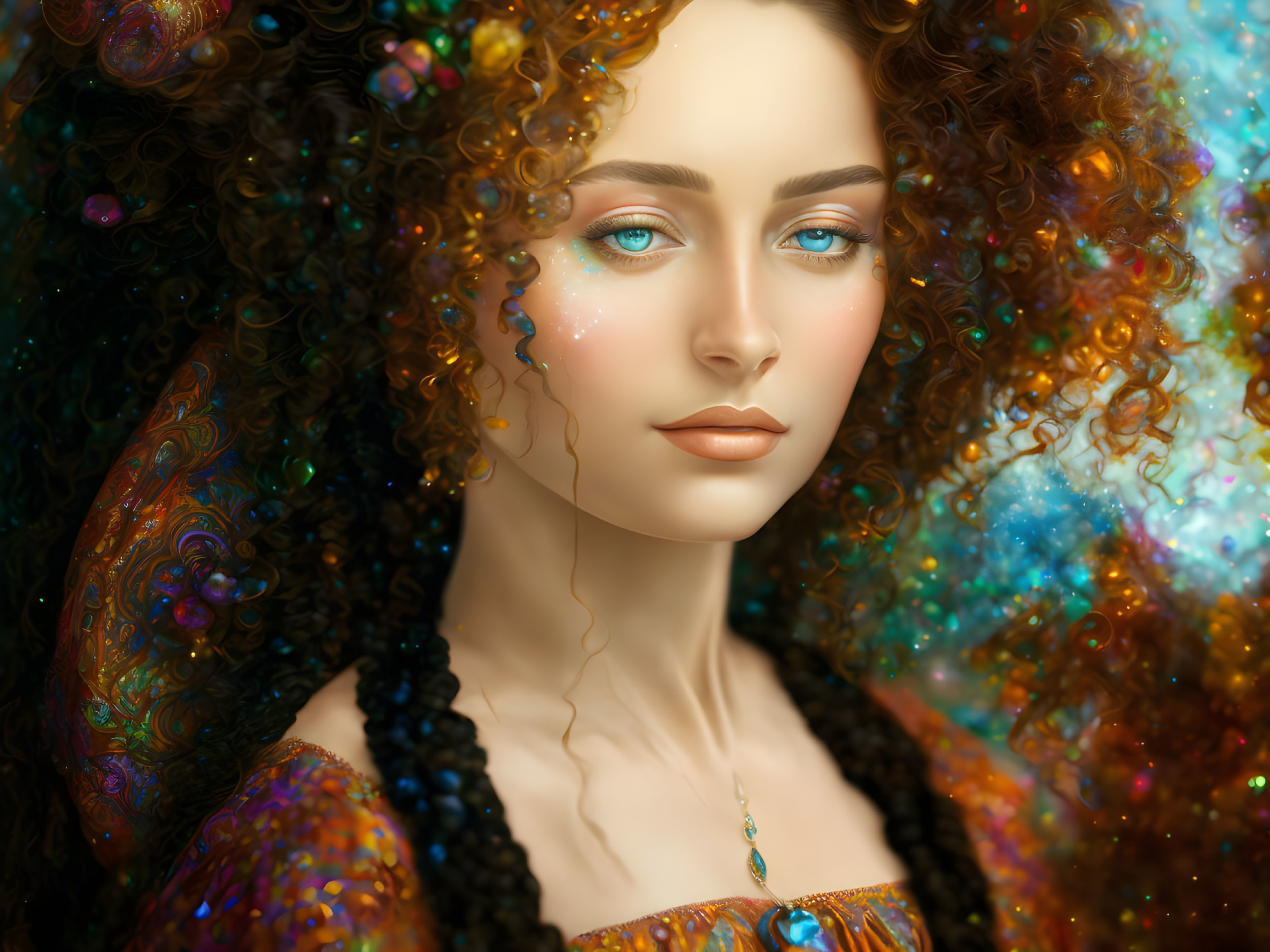 Vibrant digital artwork: Woman with curly hair and sparkling colors.