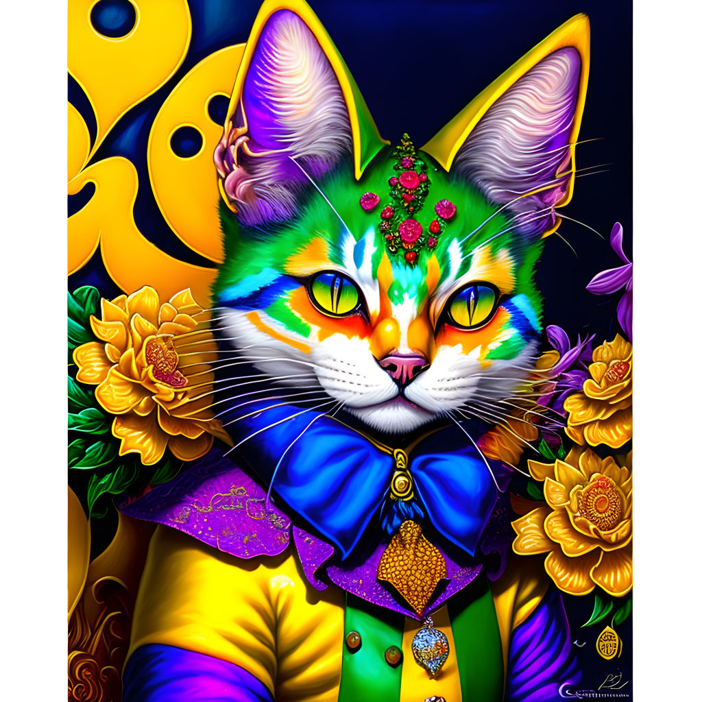 Colorful anthropomorphic cat in floral jacket art.