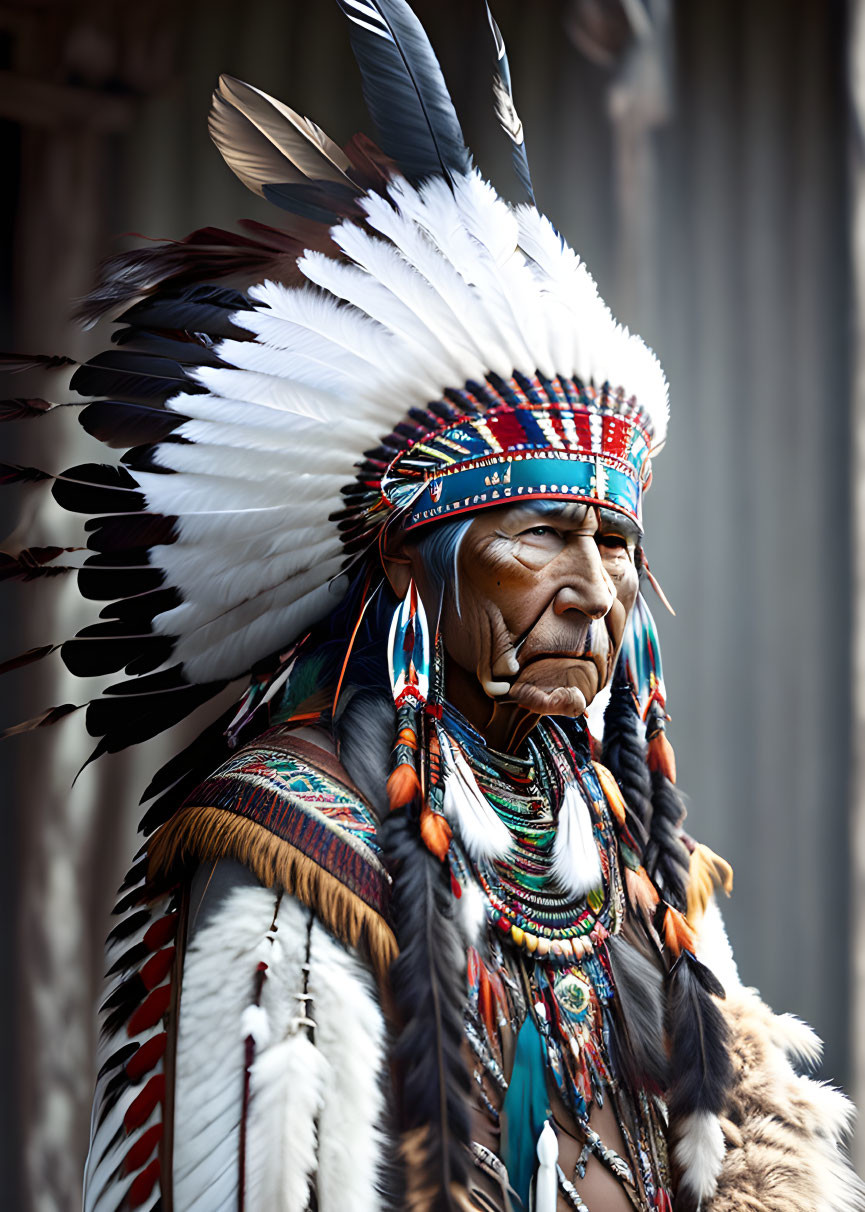 Native American individual in traditional headdress with feathers and beadwork.