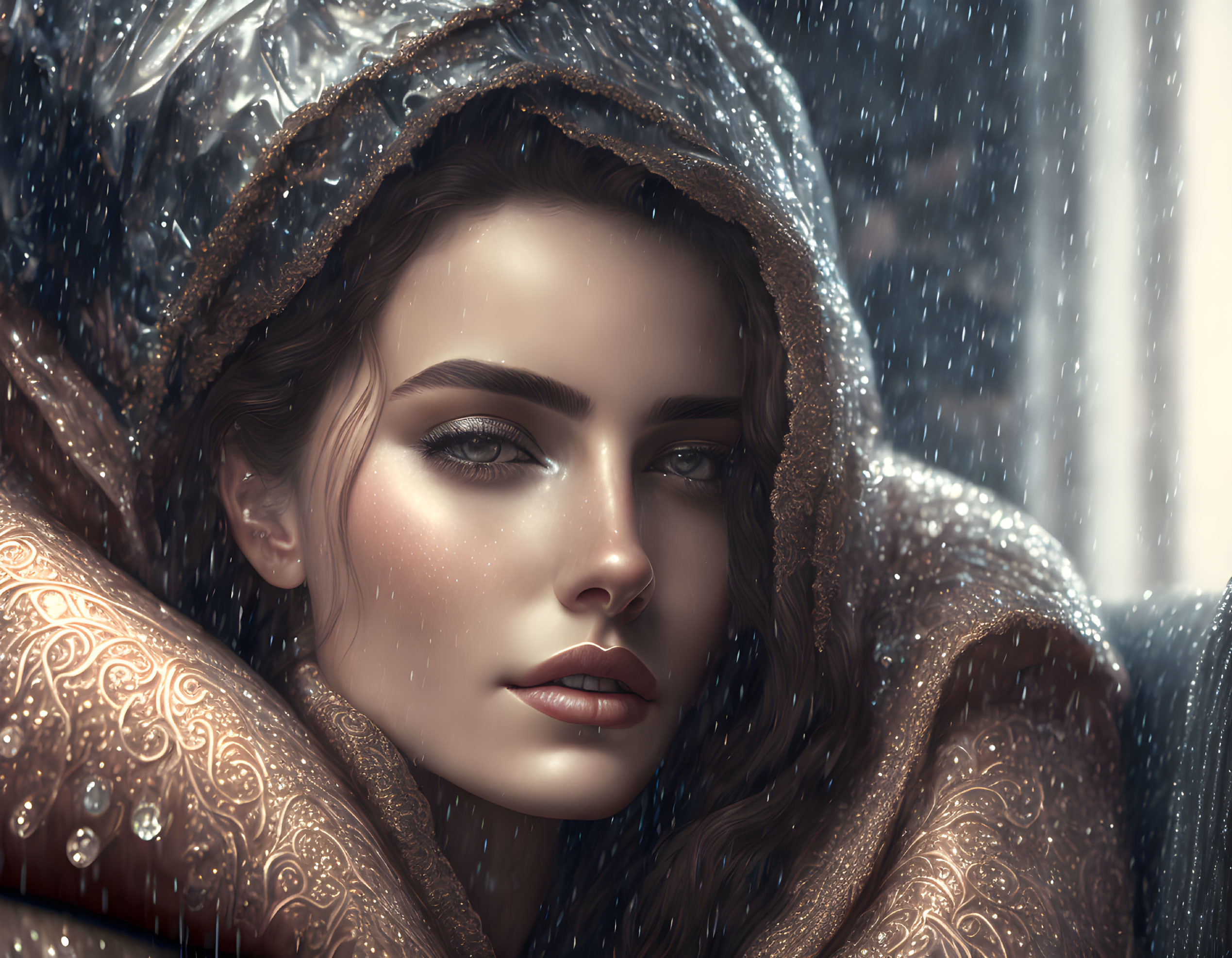 Woman in hooded cloak gazes in snowy setting