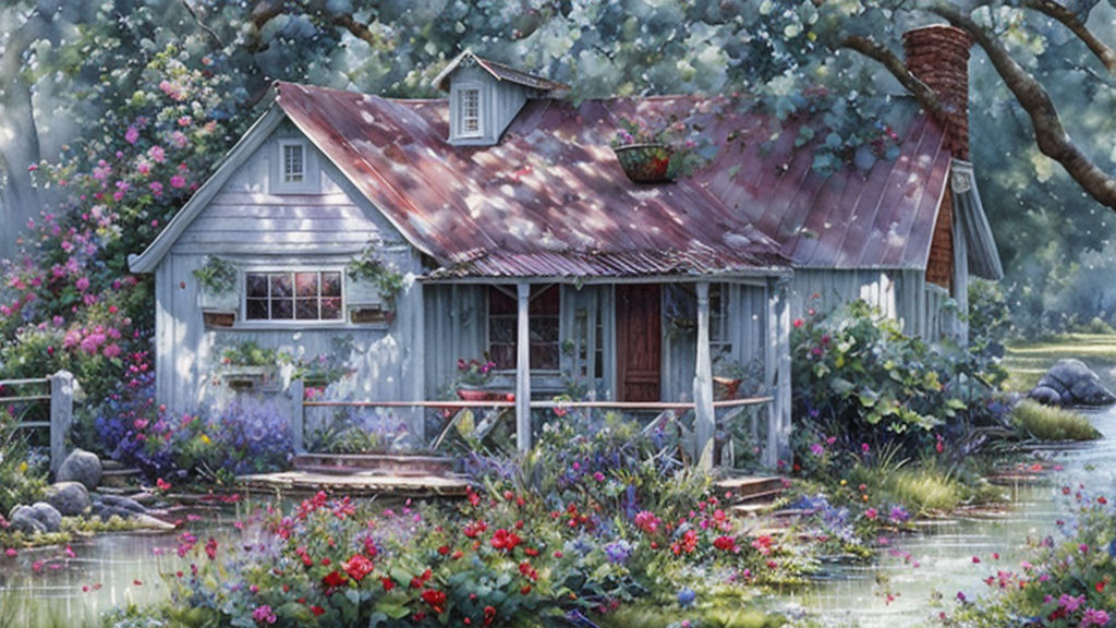 Cozy cottage in blooming garden under dappled sunlight