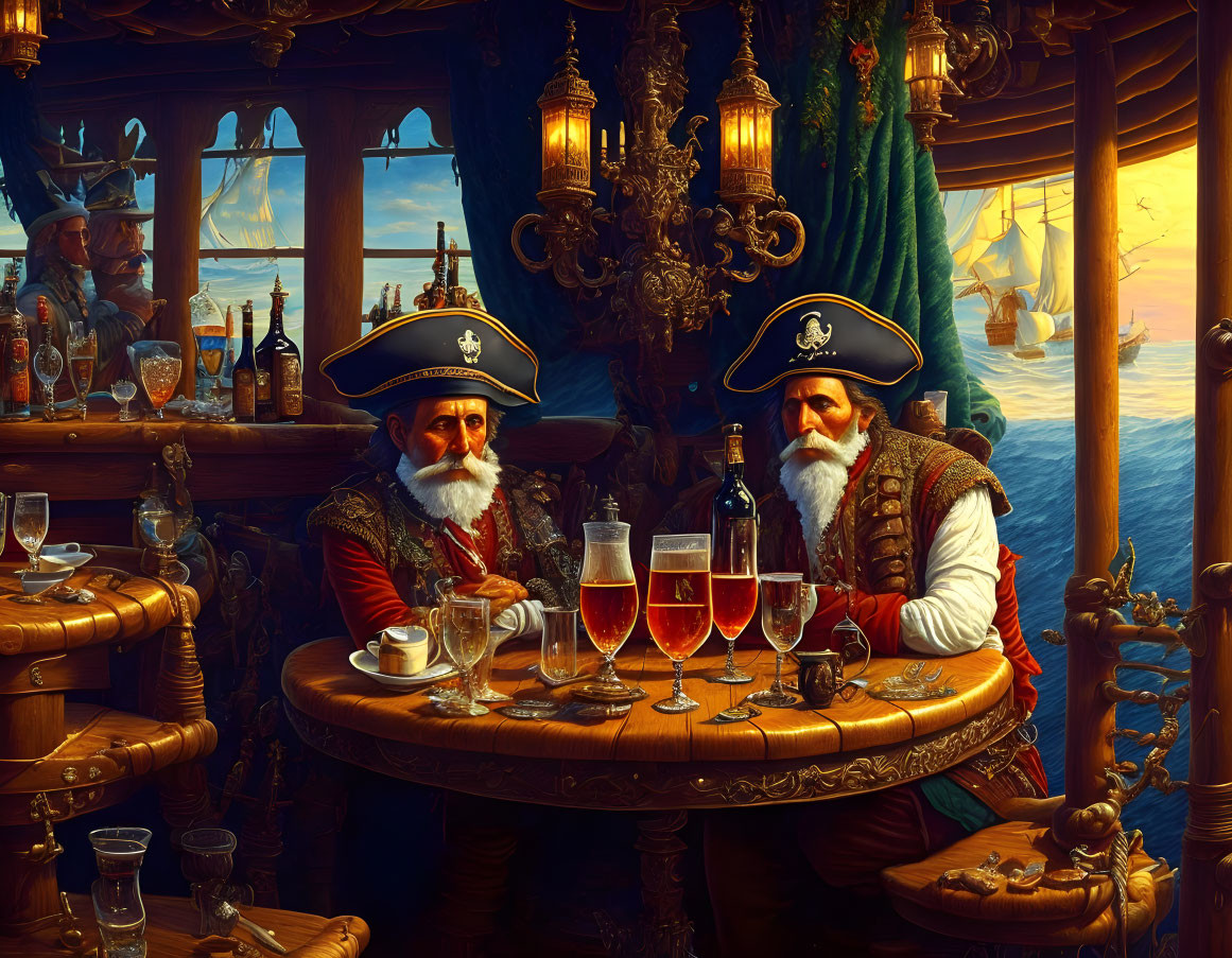 Bearded pirates at wooden table in ornate ship cabin