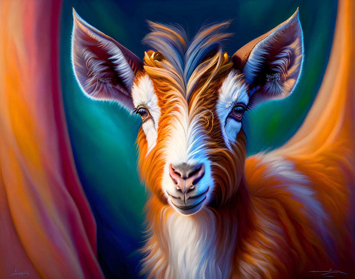 Vivid portrait of a goat with large, pointed ears on swirling blue and orange backdrop