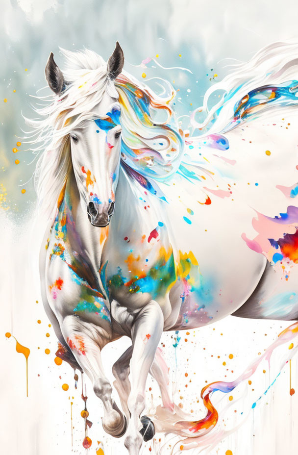 Colorful Paint Splashes Transform White Horse into Vibrant Art