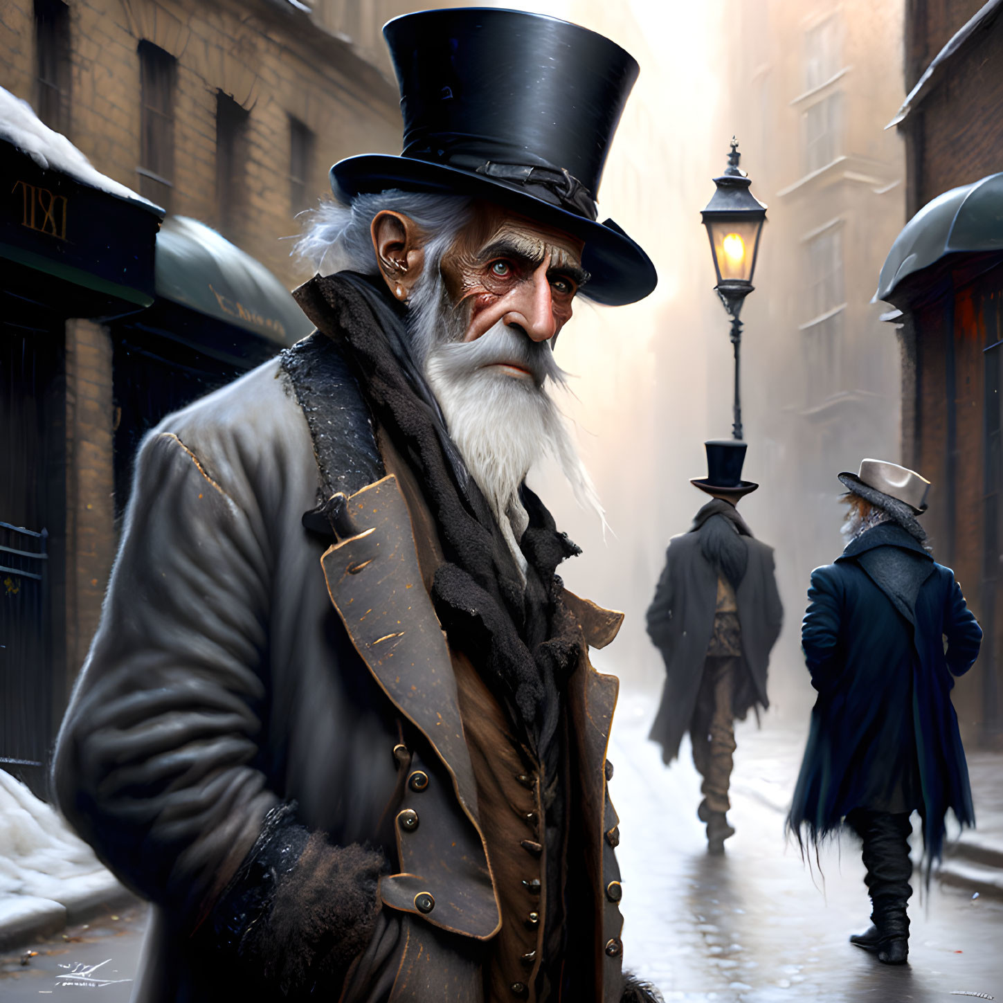 Elderly gentleman in Victorian attire on foggy cobblestone street