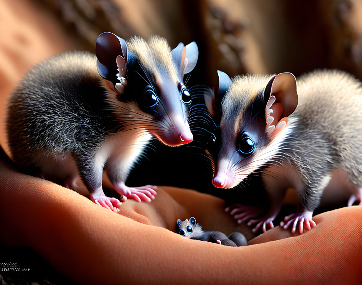 Three cartoon possums with large glossy eyes huddling together in protective stance