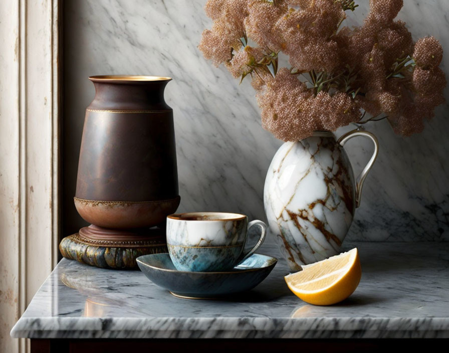 Marble countertop with rustic brown vase, marbled cup, white vase with dried flowers, and