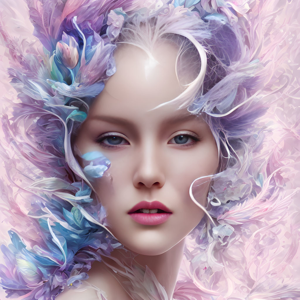 Fair-skinned woman with blue eyes in floral and feather digital art