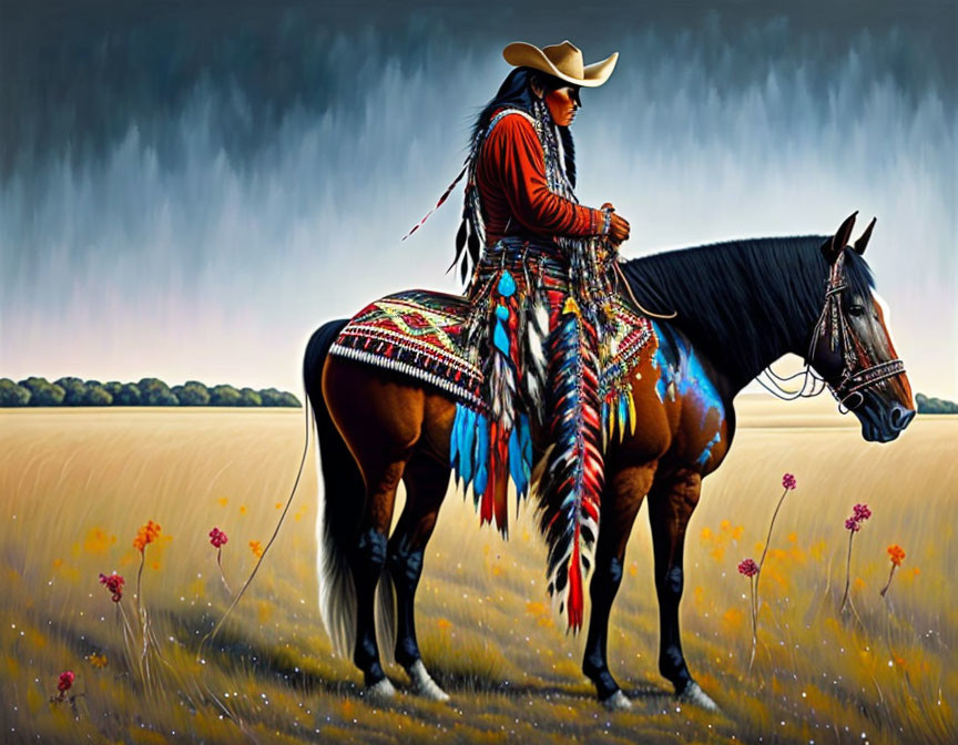 Native American person in regalia on horse under stormy sky