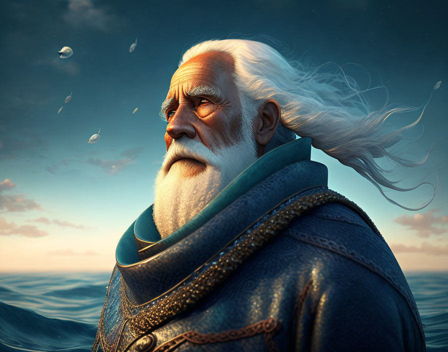 Elderly man with long white beard and flowing hair by ocean at dusk