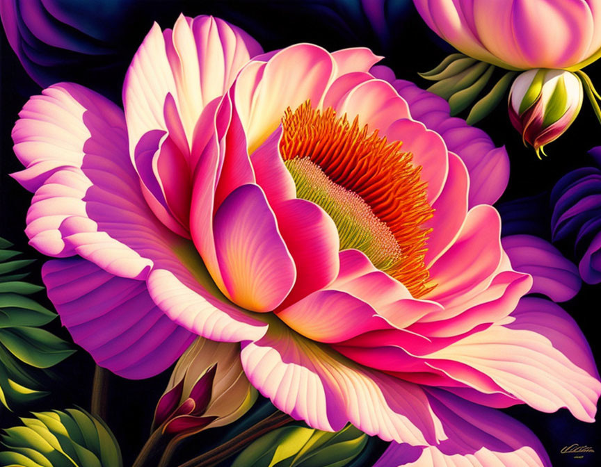 Detailed close-up illustration: Pink peony with golden center on dark backdrop