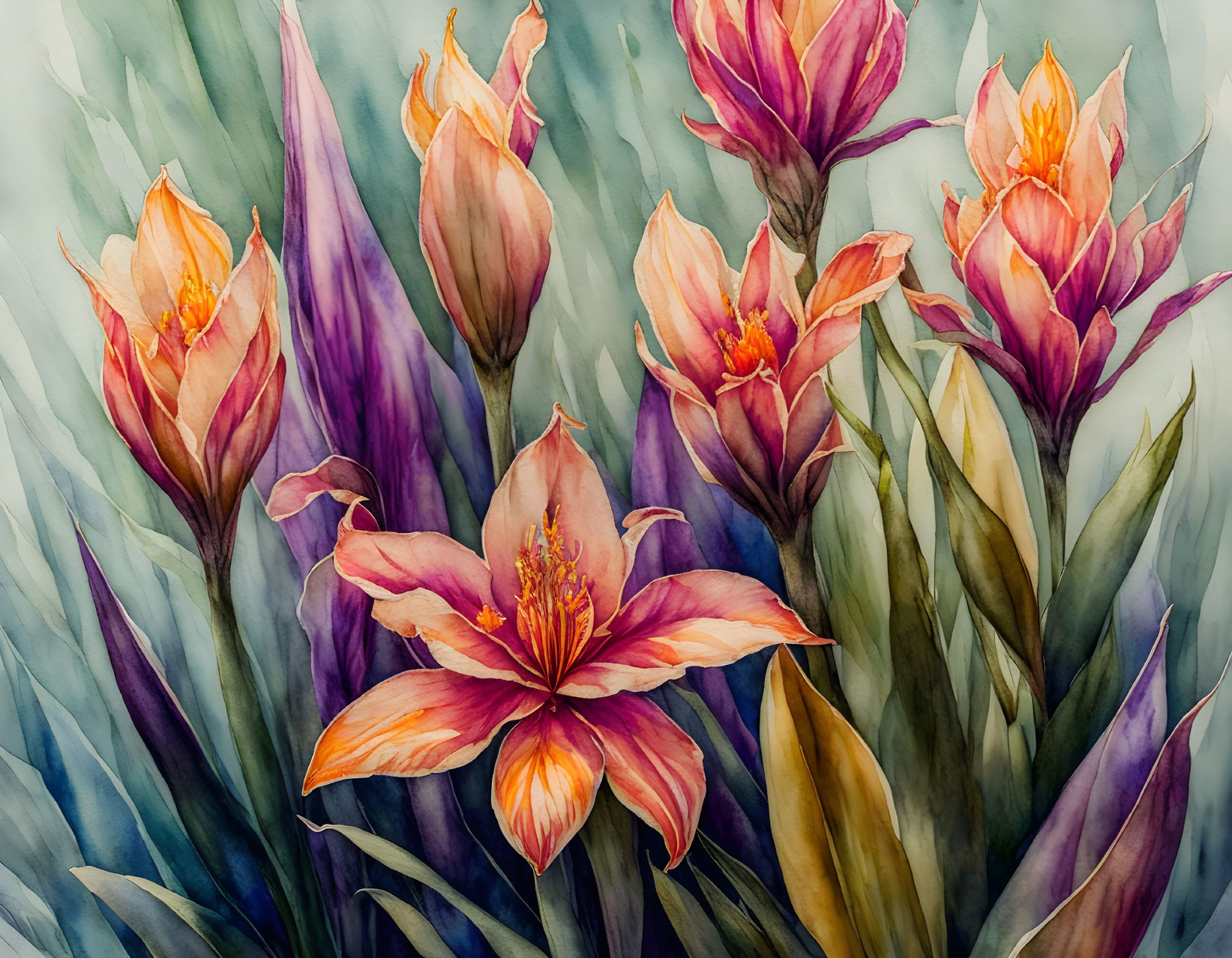 Colorful Watercolor Painting of Blooming Flowers in Orange, Pink, and Purple