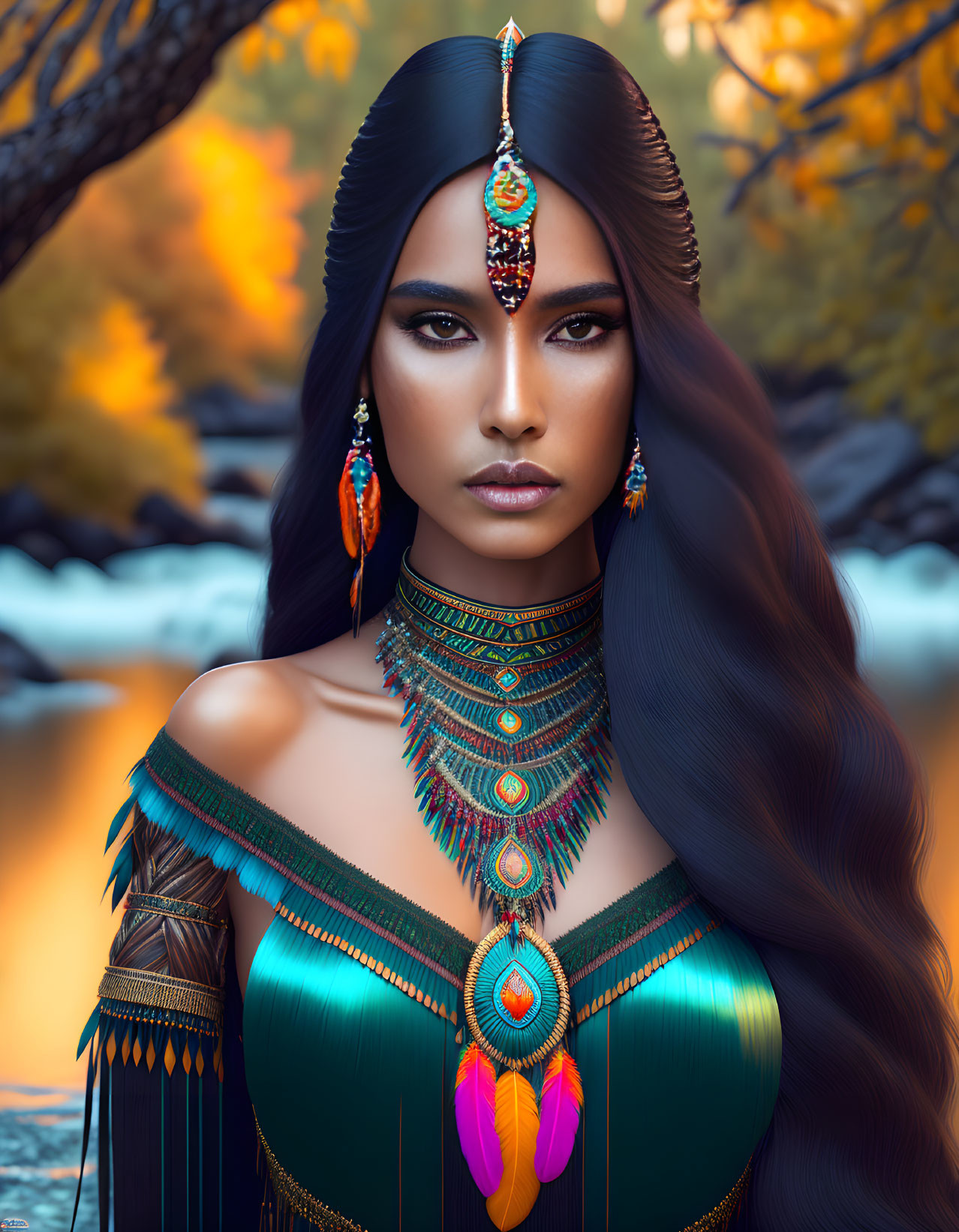 Woman with Long Black Hair and Striking Makeup in Turquoise and Gold Jewelry against Autumnal Backdrop