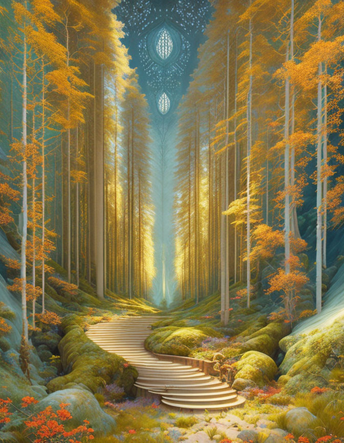 Golden-leaved trees in mystical forest with ornate window and winding path