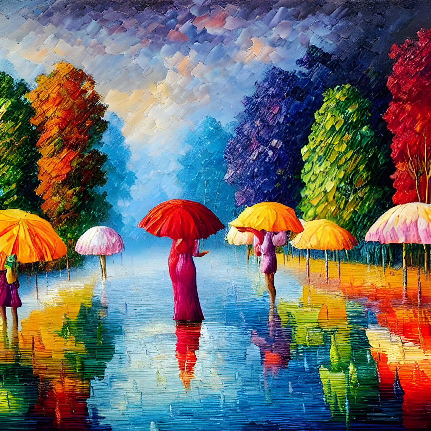 Vibrant autumn scene: people with umbrellas on wet street under impressionistic sky