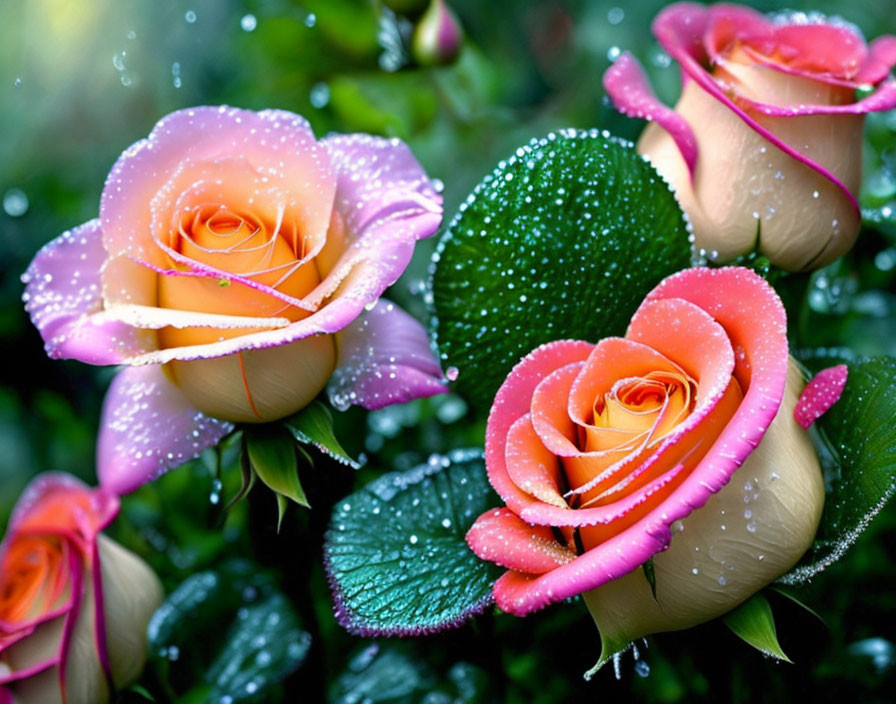 Fresh Peach Roses with Pink Tips and Dewdrops Among Green Leaves